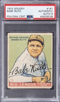 1933 Goudey #181 Babe Ruth Signed Card – PSA Authentic, PSA/DNA 9